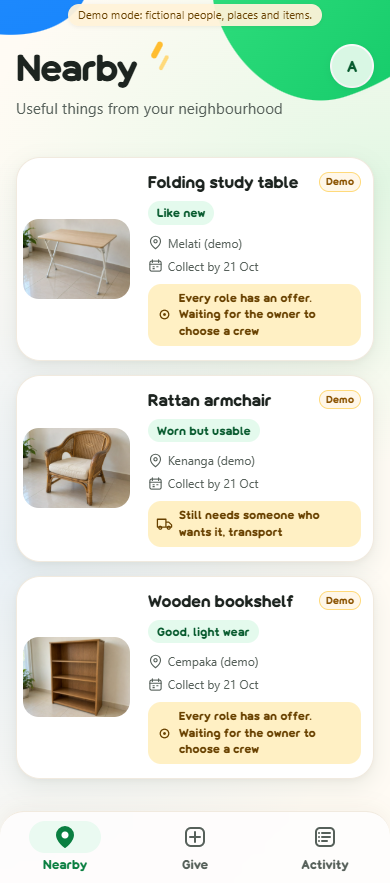 Preview of the Givlah Nearby screen with three fictional household items